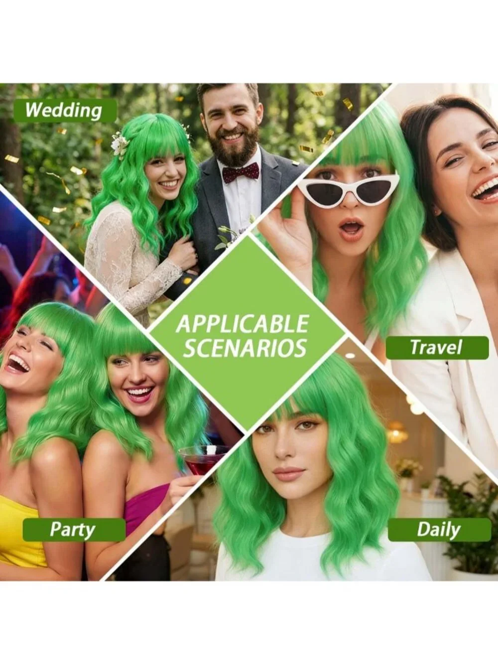 Women's Grass Green 14 Inch Short Shoulder Length Synthetic Bangs Wavy Bob Wig